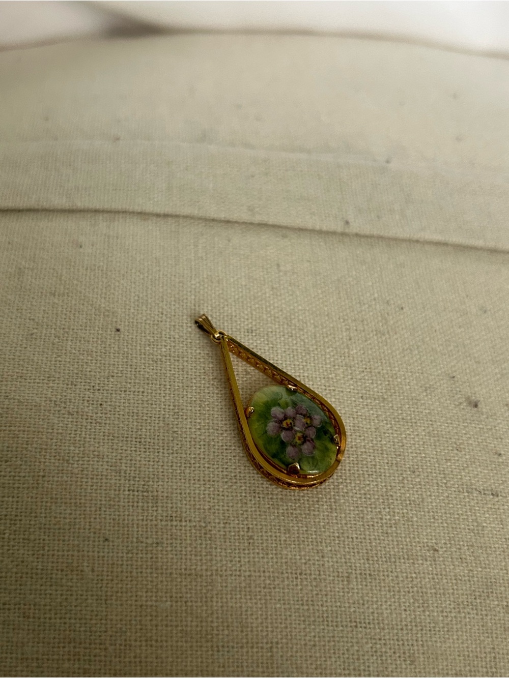 12k stamped Gold filled Vintage Teardrop Floral Pendant - Green and Purple